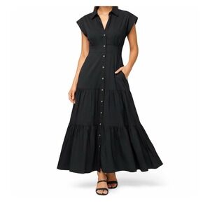 Veronica Beard Black Cotton Poplin Maxi Dress Tiered Quiet Luxury Minimalist 4 S